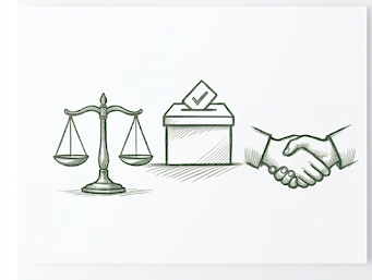 Scales of justice, ballot box, and handshake